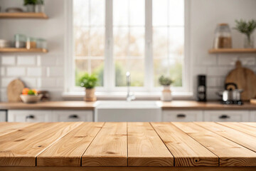 Empty wood table top on blur kitchen window background. For product or foods montage.