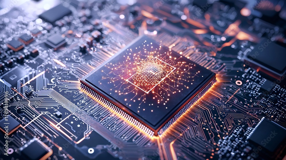 Poster detailed view of a quantum computer processor chip integrated with a glowing digital overlay represe