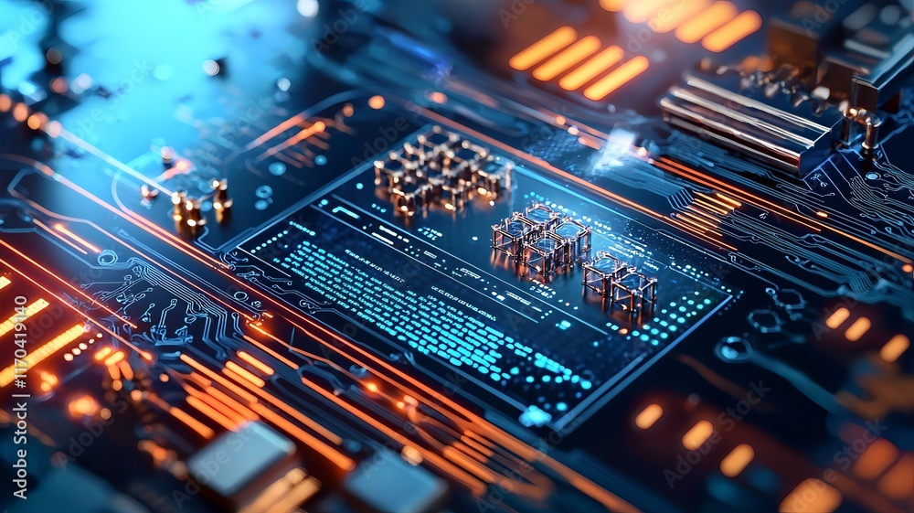 Poster Close up view of quantum bits qubits in a superconducting quantum computer highlighted with a sleek futuristic digital interface and leaving copy space at the bottom for additional design elements