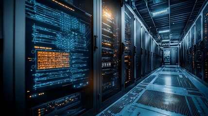 A photograph depicting the simulation of quantum algorithms overlaying a virtual twin of a quantum computing infrastructure leaving ample copy space on the right side of the image