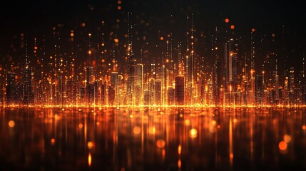 Obraz premium Glowing cityscape at night, reflected in water.