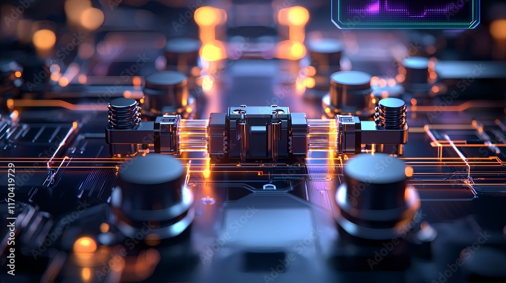 Poster closeup view of vibrant photonic quantum circuits illuminated with diverse light paths integrated wi