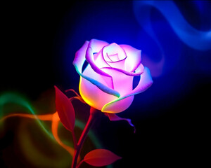 Colorful glowing roses, Black background image 
