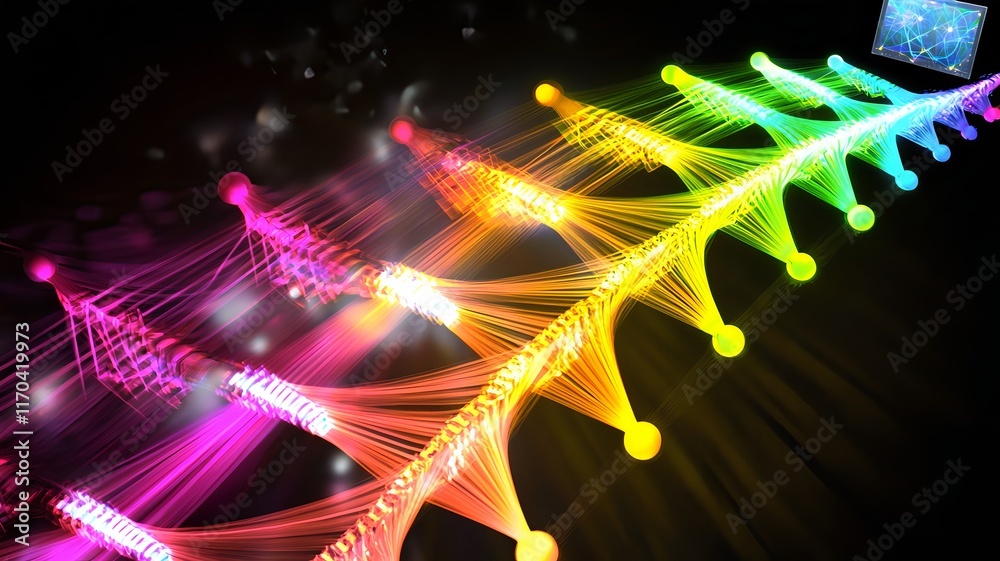 Poster intricate photonic quantum circuits illuminated with vibrant light paths seamlessly integrated with 