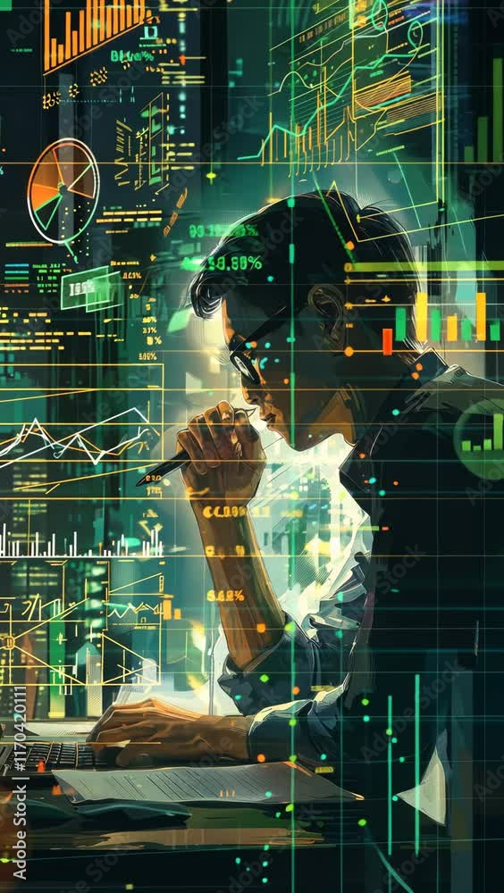 Poster analyzing data trends in a futuristic digital environment with charts and graphs