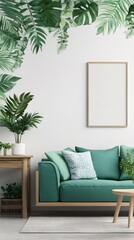Stylish living room with a teal sofa and tropical leaf decor, surrounded by greenery for a fresh and inviting atmosphere.