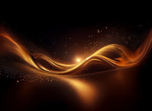 Abstract image of flowing golden liquid, shimmering and glowing against a dark background.  Particles of light dance around the elegant curves.