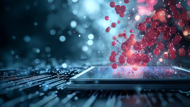 Dynamic rendering of quantum annealing systems solving optimization problems surrounded by a glowing particle cloud and leaving copy space at the bottom right