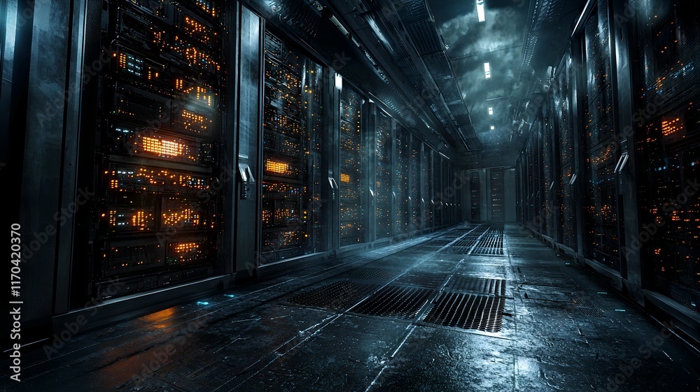 Poster futuristic data center housing advanced quantum computers with intricate light patterns simulating q