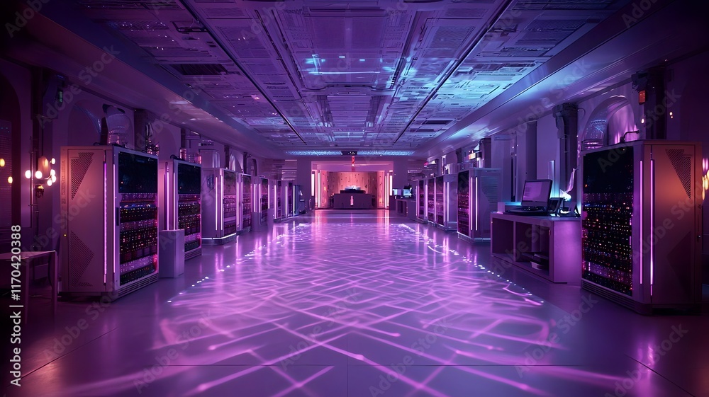 Poster futuristic data center with quantum computers displaying light patterns that simulate quantum superp