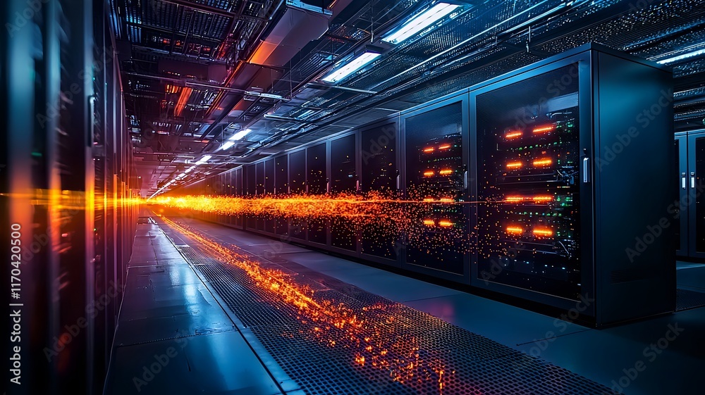 Poster a futuristic data center housing quantum computers with light patterns simulating quantum superposit