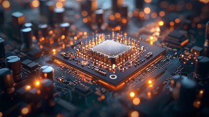 A rendered image showcasing a quantum supremacy benchmark simulation running on a virtual twin system highlighted by glowing computational nodes and leaving copy space on the right side of the frame