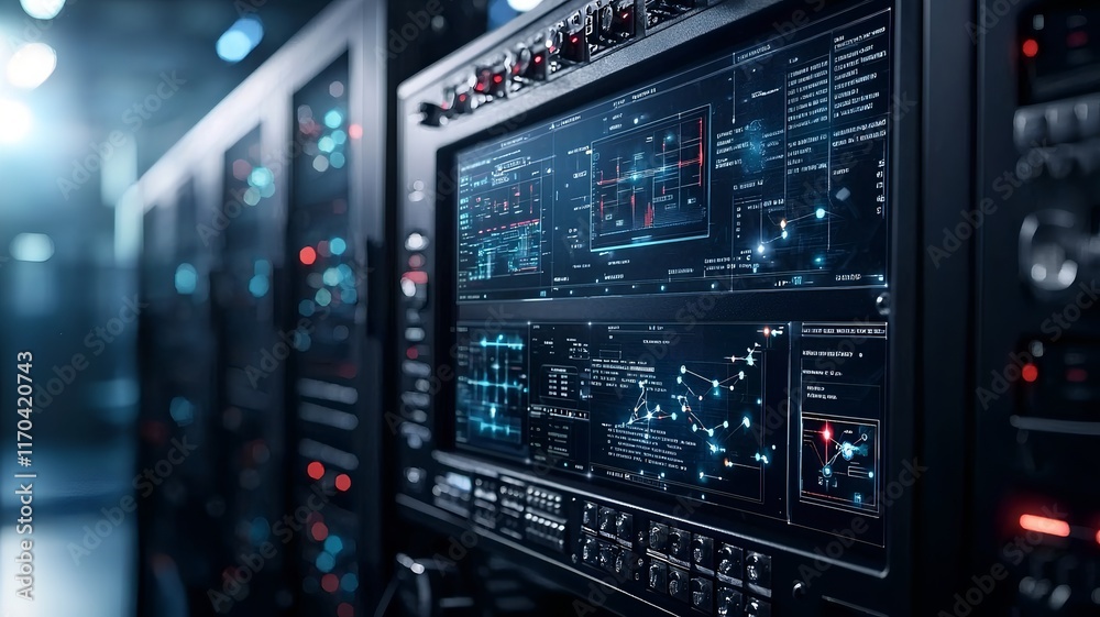Poster closeup view of a quantum computer control panel featuring interactive holographic data visualizatio