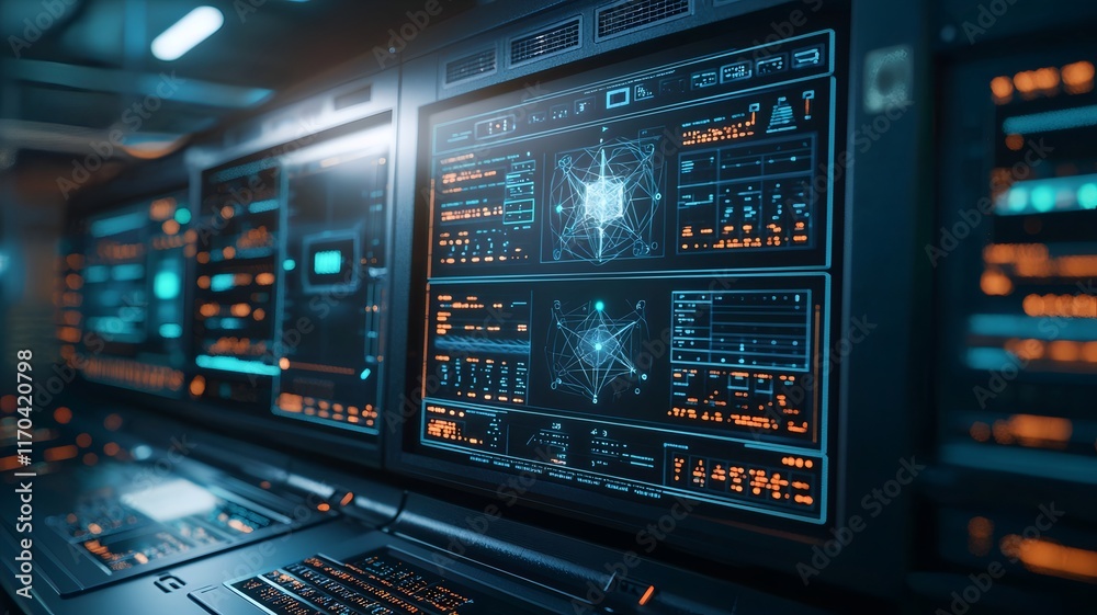 Fototapete close up view of a futuristic quantum computer control panel featuring interactive holographic data 