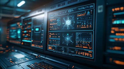 Close up view of a futuristic quantum computer control panel featuring interactive holographic data representations of quantum states leaving ample copy space for design elements or text