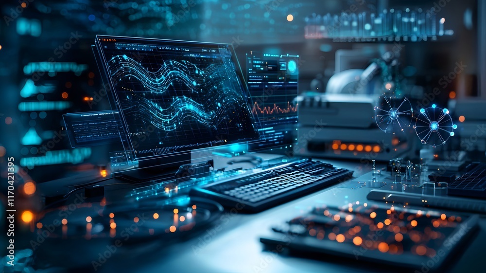 Poster futuristic laboratory environment with quantum sensors mapping out gravitational waves combined with
