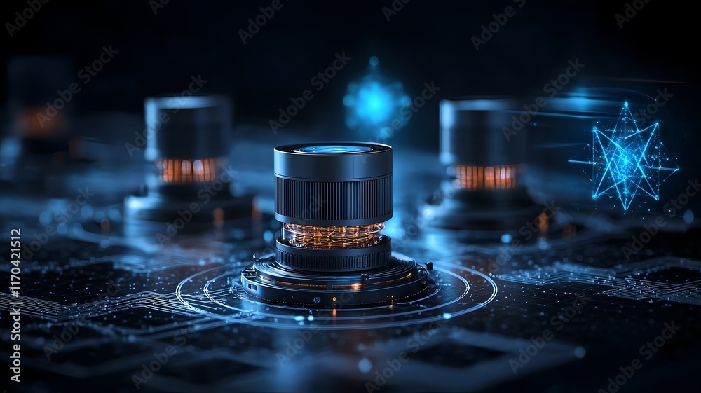Poster highly detailed view of trapped ion quantum computing systems surrounded by intricate holographic re