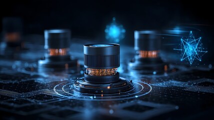Highly detailed view of trapped ion quantum computing systems surrounded by intricate holographic representations of quantum states leaving copy space on the right for various applications