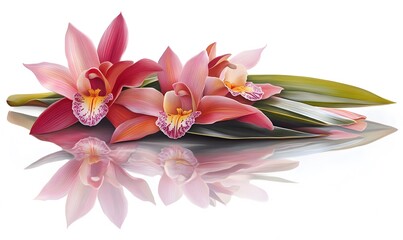 Three pink orchids with green leaves and reflection on white background.