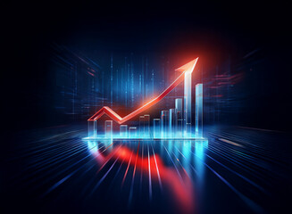 A vibrant red arrow ascends a glowing bar graph, set against a futuristic, dark cityscape.  The image symbolizes growth, progress, and technological advancement.