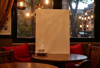Cozy Cafe Scene with Blank Poster Board and Steaming Coffee