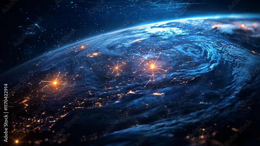 Poster futuristic visualization of a quantum enhanced weather modeling system with glowing quantum particle