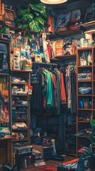 Naklejka premium A cluttered closet filled with colorful clothes and memorabilia.