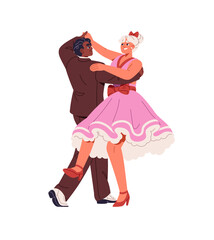 Dancers partners show Lindy hop elements, figures. Couple performs with swing in competition. Professional performers dance, move with music in class. Flat isolated vector illustration on white