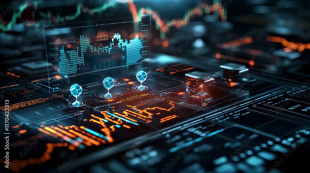 Poster futuristic quantum computing forecasting market trends with holographic financial graphs illuminated