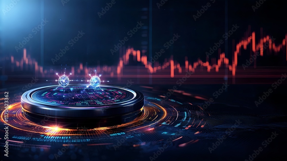 Poster futuristic representation of quantum computing forecasting market trends with holographic financial 