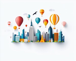 Colorful Hot Air Balloons Over City Skyline Illustration