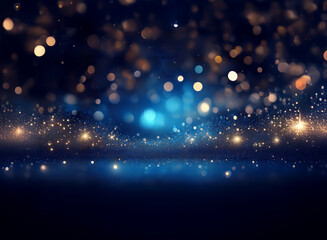 Fototapeta premium A mesmerizing abstract image of shimmering gold and blue particles, creating a sparkling, ethereal effect on a dark background. The light reflects on a smooth surface below, adding depth and dimension