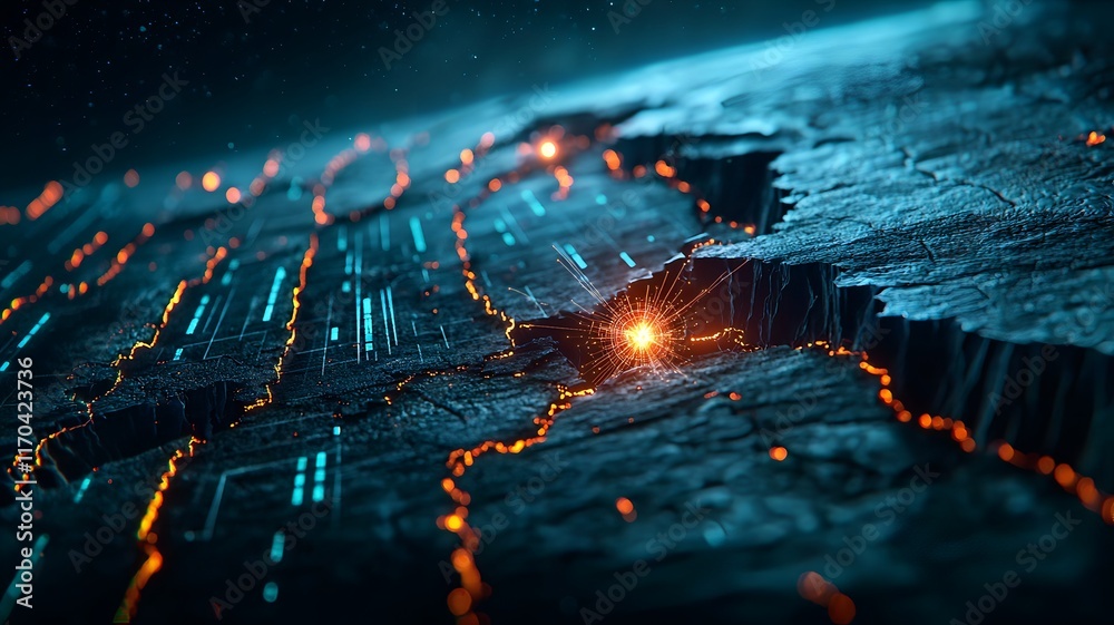 Poster a dynamic quantum simulation showcasing cutting edge earthquake prediction models with glowing fault