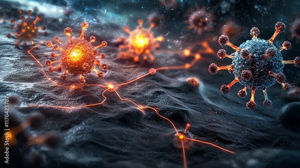 Poster visually captivating of quantum powered pandemic outbreak forecasting showcasing glowing nodes molec
