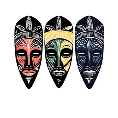 Fototapeta premium Three stylized tribal masks with vibrant colors and intricate designs.