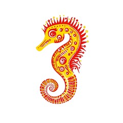 Naklejka premium A vibrant, decorative seahorse illustration in red and yellow hues.