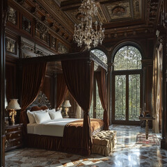Fototapeta premium Ornate bedroom with four-poster bed, chandelier, and marble floor.