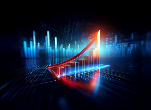 A vibrant red arrow ascends a glowing bar graph, symbolizing growth and progress against a backdrop of dynamic blue data streams.  This represents financial success and technological advancement.