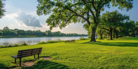 Fototapeta premium A serene park scene featuring benches, lush grass, and a calm river under a cloudy sky.
