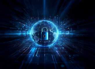 A glowing blue Earth encircled by a digital padlock, symbolizing global cybersecurity and data protection within a futuristic, high-tech environment.