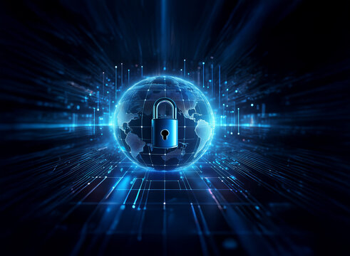 A glowing blue Earth encircled by a digital padlock, symbolizing global cybersecurity and data protection within a futuristic, high-tech environment.