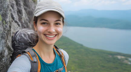 Naklejka premium A smiling hiker poses with a backpack, surrounded by a scenic landscape of mountains and a lake in the background.