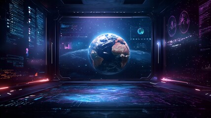 Futuristic scene of quantum computing forecasting climate change impacts with holographic earth models and emission trajectories leaving copy space on the top left for text overlay or graphic design