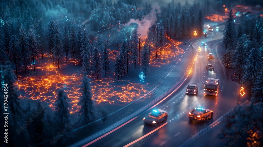 Poster quantum powered virtual twin simulation forecasting forest fire spread patterns with glowing heat ma