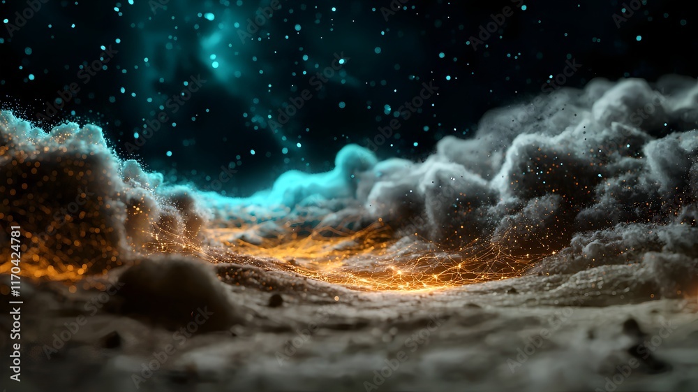 Poster Futuristic visualization of quantum computing technology predicting space weather events with glowing particle clouds magnetic field models and abstract data patterns leaving room for copy space