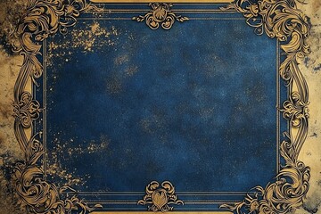 Baroque-style gift certificate with ornate gold filigree border, royal blue accents, blank sophisticated fields, aged parchment look