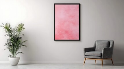 poster frame mockup on white wall with modern armchair and open space