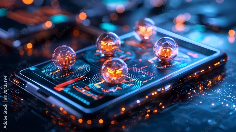 Poster futuristic representation of quantum computing forecasting market trends with holographic financial 
