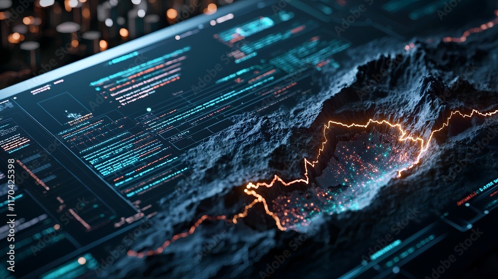 Poster quantum simulation of dynamic earthquake prediction models showcasing glowing fault lines and data f