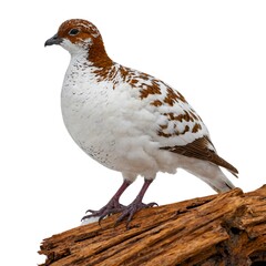 Obraz premium Willow Ptarmigan on piece of wood isolated on white background